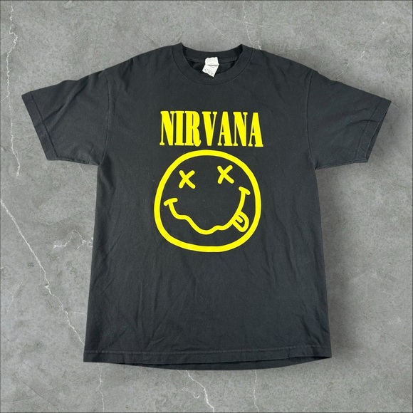 Vintage Nirvana Shirt Men Large Black Y2K Grunge Band Tee Smiley Face Rare 2000s